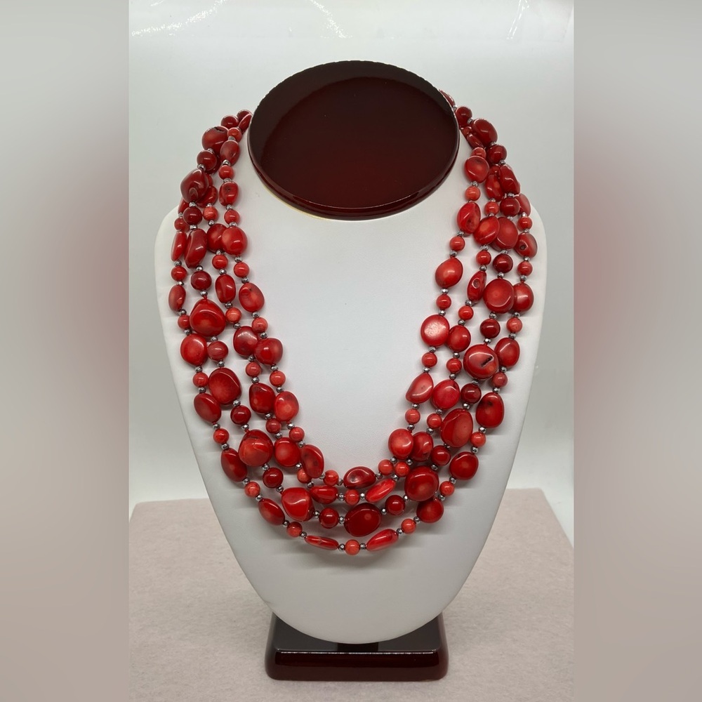 Vtg Sterling Silver Coral & Marcasite Knotted Bead Multi-Strand Necklace | 141g